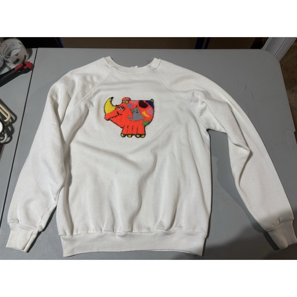 Vtg Tultex White Sweatshirt Wild Orange Rhino‎ Large Child